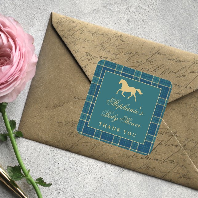 Pegatina Cuadrada Classic Plaid Golden Horse Baby Shower Ecuestre (Subido por el creador)