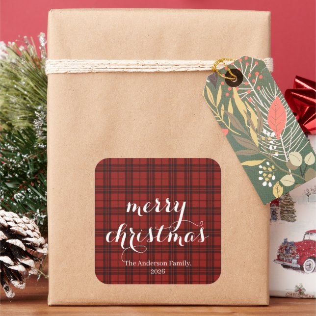 Pegatina Cuadrada Classic Plaid Merry Christmas Festive -  (Vacaciones)