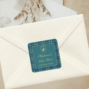 Pegatina Cuadrada Classic Plaid Polo Green Ecuestrier Baby Shower