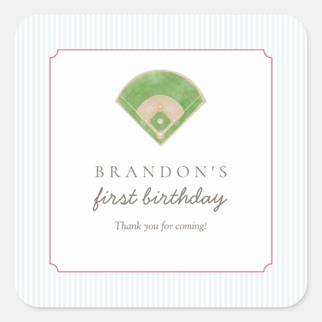 Pegatina Cuadrada Classic Preppy Baseball First Birthday Rookie One (Anverso)