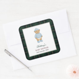 Pegatina Cuadrada Classic Preppy Bear Designer Plaid Baby Shower