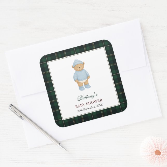 Pegatina Cuadrada Classic Preppy Bear Designer Plaid Baby Shower (Sobre)