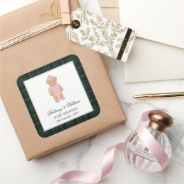 Pegatina Cuadrada Classic Preppy Bear Pink Baby Shower