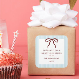 Pegatina Cuadrada Classic Stripes Red Bow Merry Christmas