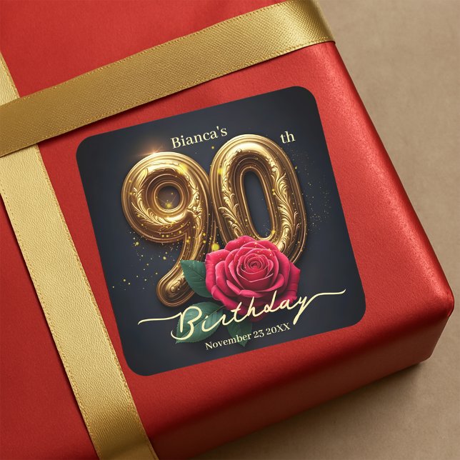 Pegatina Cuadrada Classy Chic Red Rose Ornate Golden 90th Birthday (Subido por el creador)