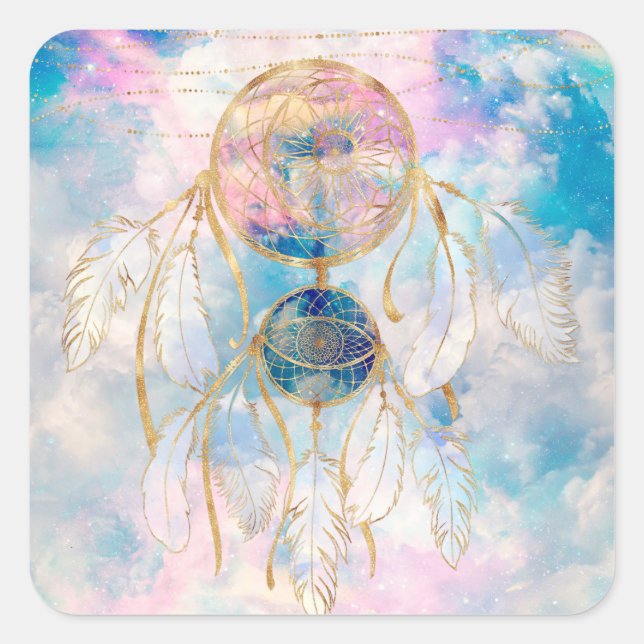 Pegatina Cuadrada Classy Gold dreamcatcher Rainbow Clouds Sky design (Anverso)