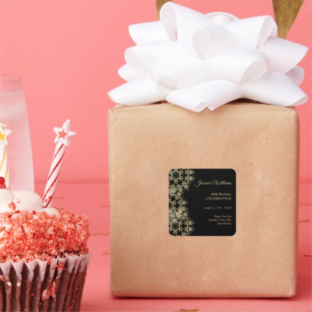 Pegatina Cuadrada Classy Gold y Black Damask 40 cumpleaños (Fiesta)