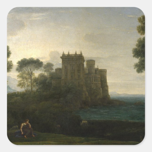 Pegatina Cuadrada Claude Lorrain El Encantado Paisaje Del Castillo (Anverso)