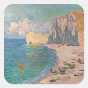 Pegatina Cuadrada Claude Monet - Etretat: Playa y Falaise d'Amont