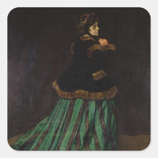 Pegatina Cuadrada Claude Monet | La mujer vestida de verde, 1866 (Anverso)