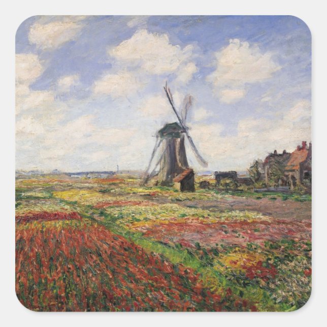 Pegatina Cuadrada Claude Monet | Molino de viento Tulip Fields Rijns (Anverso)