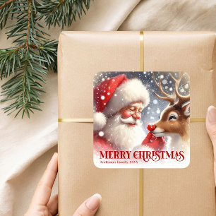 Pegatina Cuadrada Claus Encantador Rudolph Personalizado Niños
