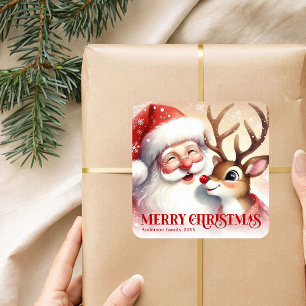 Pegatina Cuadrada Claus Festivo Rudolph Regalo Personalizado para Ni