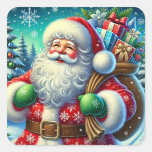 Pegatina Cuadrada Claus festivo sosteniendo un saco de regalos