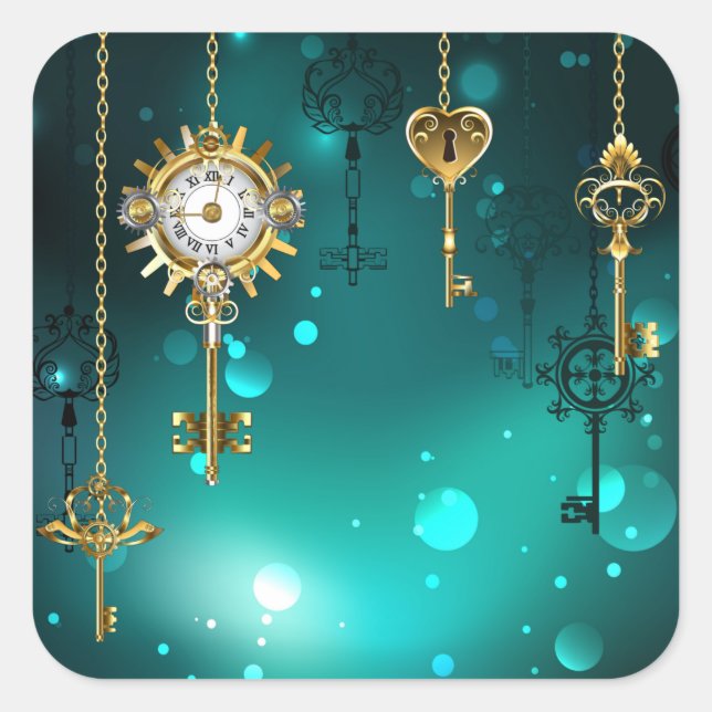 Pegatina Cuadrada Claves de esqueleto antiguas sobre fondo verde (Anverso)