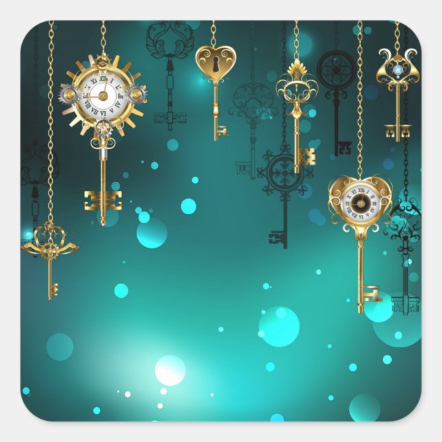 Pegatina Cuadrada Claves de esqueleto antiguas sobre fondo verde (Anverso)