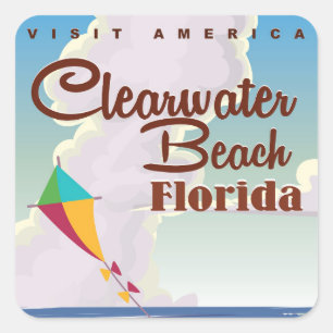 Pegatina Cuadrada Clearwater Beach, poster de viajes vintage de Flor