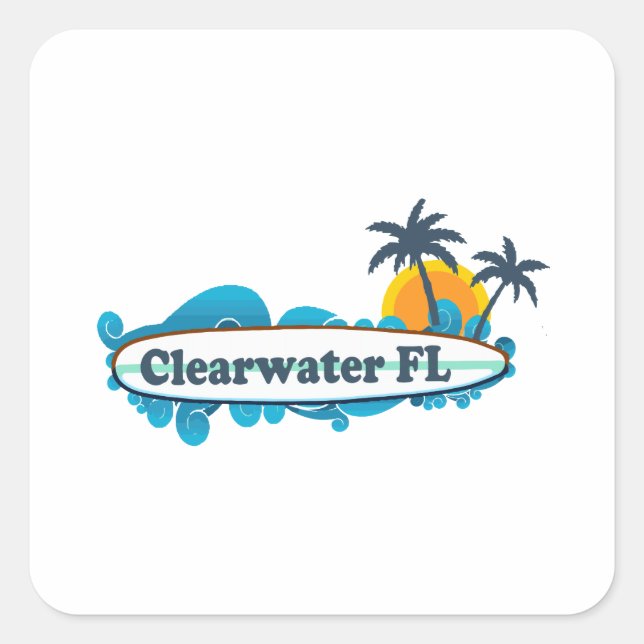 Pegatina Cuadrada Clearwater Florida - Surf Design. (Anverso)