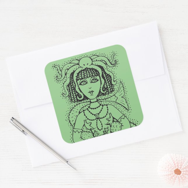 PEGATINA CUADRADA CLEOPATRA OCTOPUS MERMAID, FANTASY GÓTICO SIREN (Sobre)