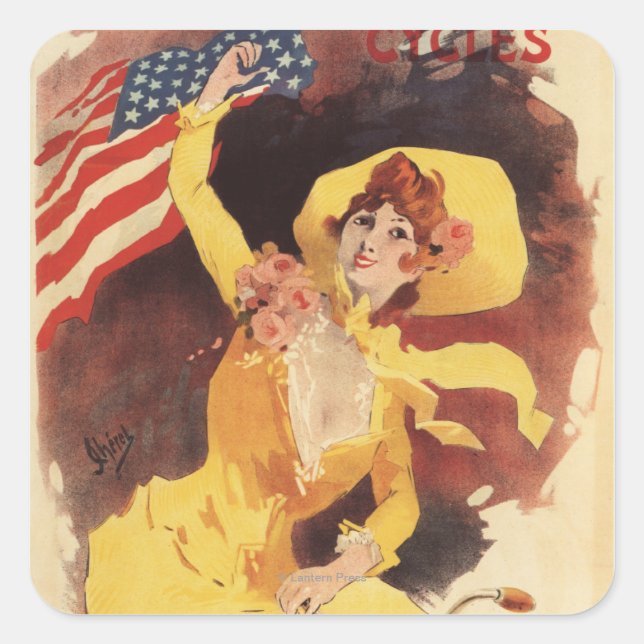 Pegatina Cuadrada Cleveland cicliza a Chica estadounidense en amaril (Anverso)