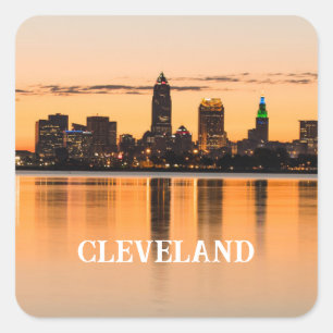 Pegatina Cuadrada Cleveland city Ohio Sunset skyline river
