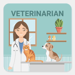 Pegatina Cuadrada Clínica Veterinaria Mujer Vet Con Gato Y Cachorro