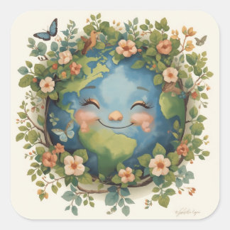 Pegatina Cuadrada Clipart de la Tierra Sonriente – Planeta Feliz con