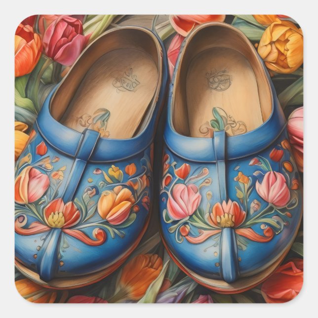 Pegatina Cuadrada Clogs con fondo Tulip (Anverso)
