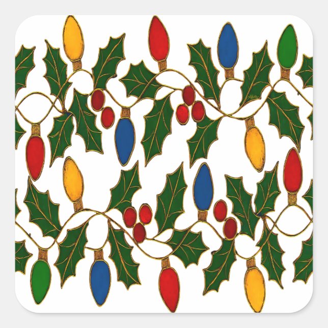 Pegatina Cuadrada Cloisonne Art Christmas Lights and Holly (Anverso)