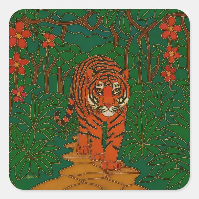 Pegatina Cuadrada Cloisonne Art Tiger on the Jungle Path (Anverso)