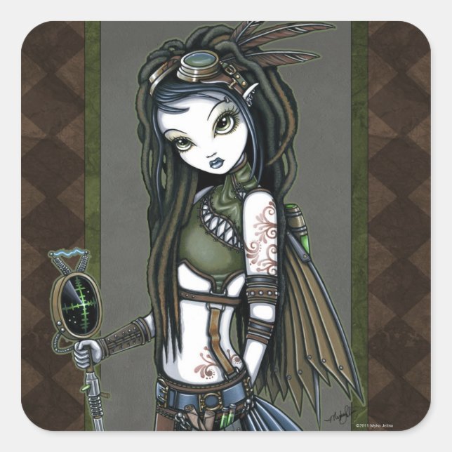 Pegatina Cuadrada "Cloud Burst" Steampunk Aviatrix Fairy Stickers (Anverso)