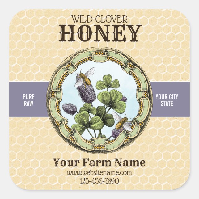 Pegatina Cuadrada Clover Honey Bee Label (Anverso)