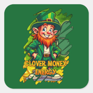 Pegatina Cuadrada Clover Money Energy – Lucky Leprechaun Autocolante