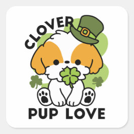 Pegatina Cuadrada Clover Pup Love - Diseño de perros del Día de San