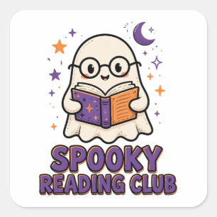 Pegatina Cuadrada Club de lectura espeluznante fantasma lindo leyend