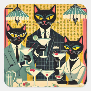 Pegatina Cuadrada Club de Martini de Gato Negro Retro Futurista