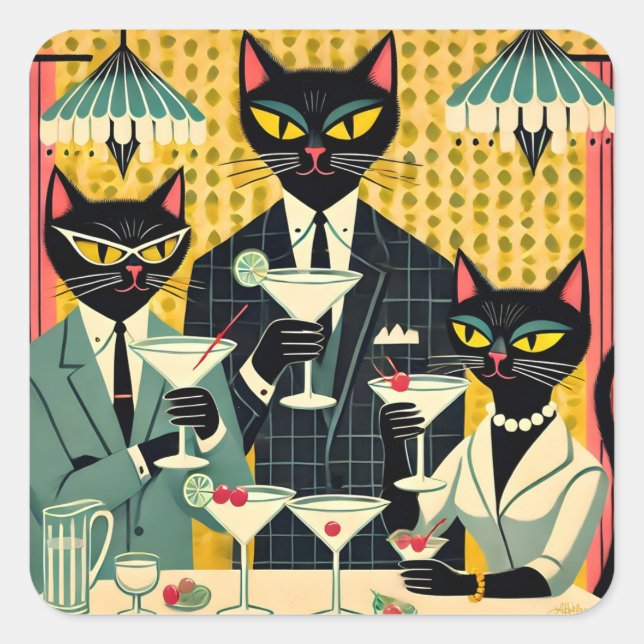 Pegatina Cuadrada Club Retro Futurista Black Cat Martini (Anverso)