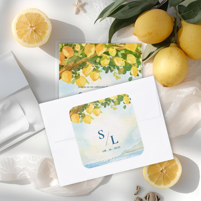 Pegatina Cuadrada Coastal Blue & Lemon Watercolor Monogram Wedding (Coastal Blue & Lemon Watercolor Monogram Wedding Square Sticker)