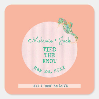 Pegatina Cuadrada Coastal Bridal Shower Seahorse Stripe