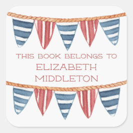 Pegatina Cuadrada Coastal Nautical Beach Flags Bookplate