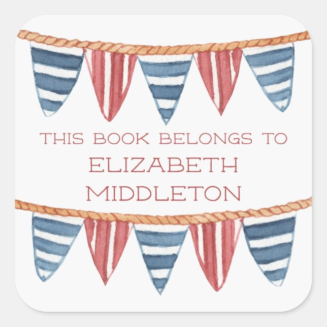 Pegatina Cuadrada Coastal Nautical Beach Flags Bookplate (Anverso)