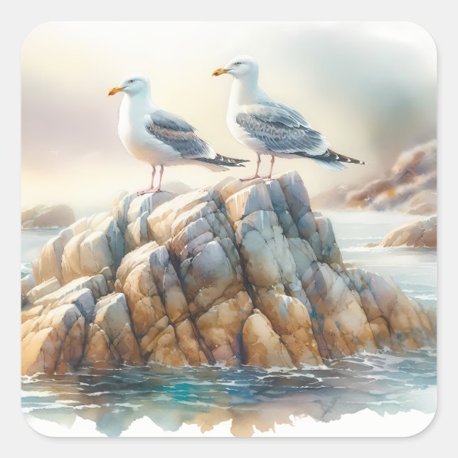 Pegatina Cuadrada Coastal Seagulls Watercolor Seascape (Anverso)