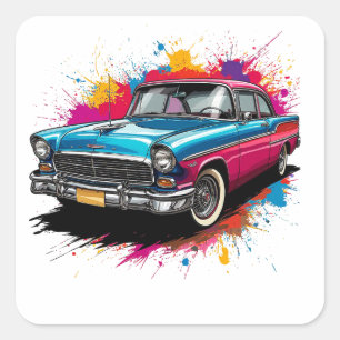 Pegatina Cuadrada Coche antiguo con salpicaduras de pintura colorida