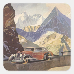 Pegatina Cuadrada Coche antiguo en carretera de montaña en invierno