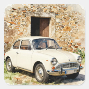 Pegatina Cuadrada Coche Antiguo junto a Edificio de Piedra
