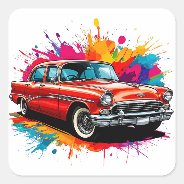 Pegatina Cuadrada Coche Clásico Antiguo (Anverso)