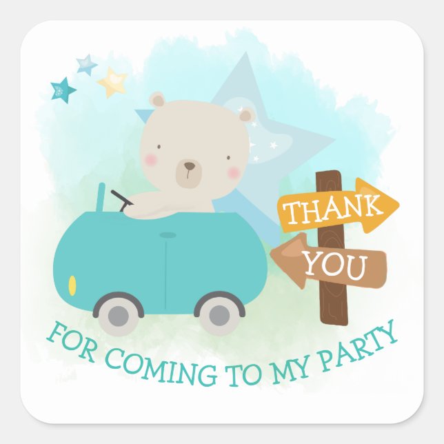 Pegatina Cuadrada Coche Cute Bear Gracias, Toddday Birthday (Anverso)