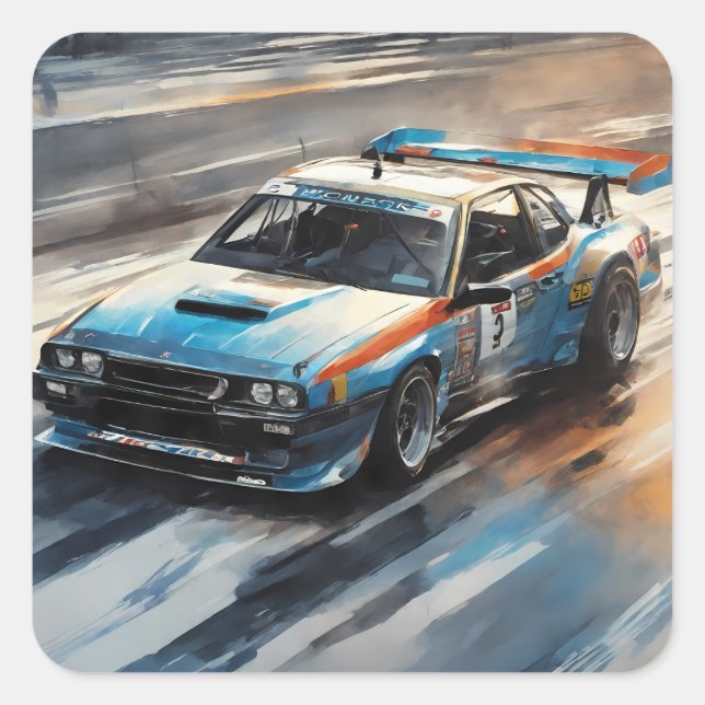 Pegatina Cuadrada Coche de Carreras azul deportivo (Anverso)