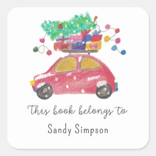 Pegatina Cuadrada Coche de Navidad - este libro pertenece a