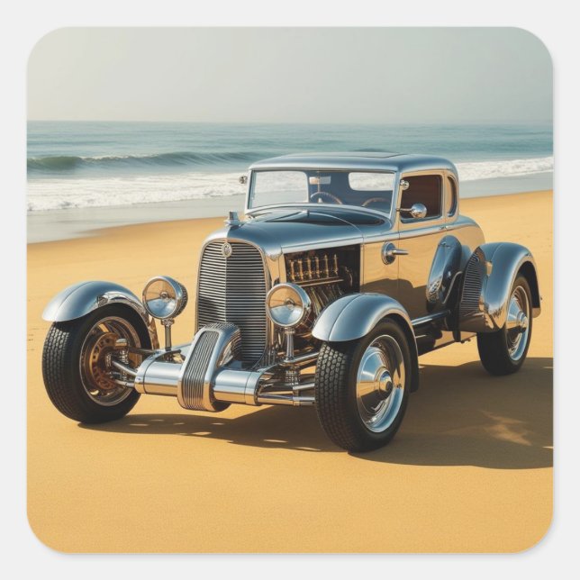 Pegatina Cuadrada Coche de plata en la playa (Anverso)